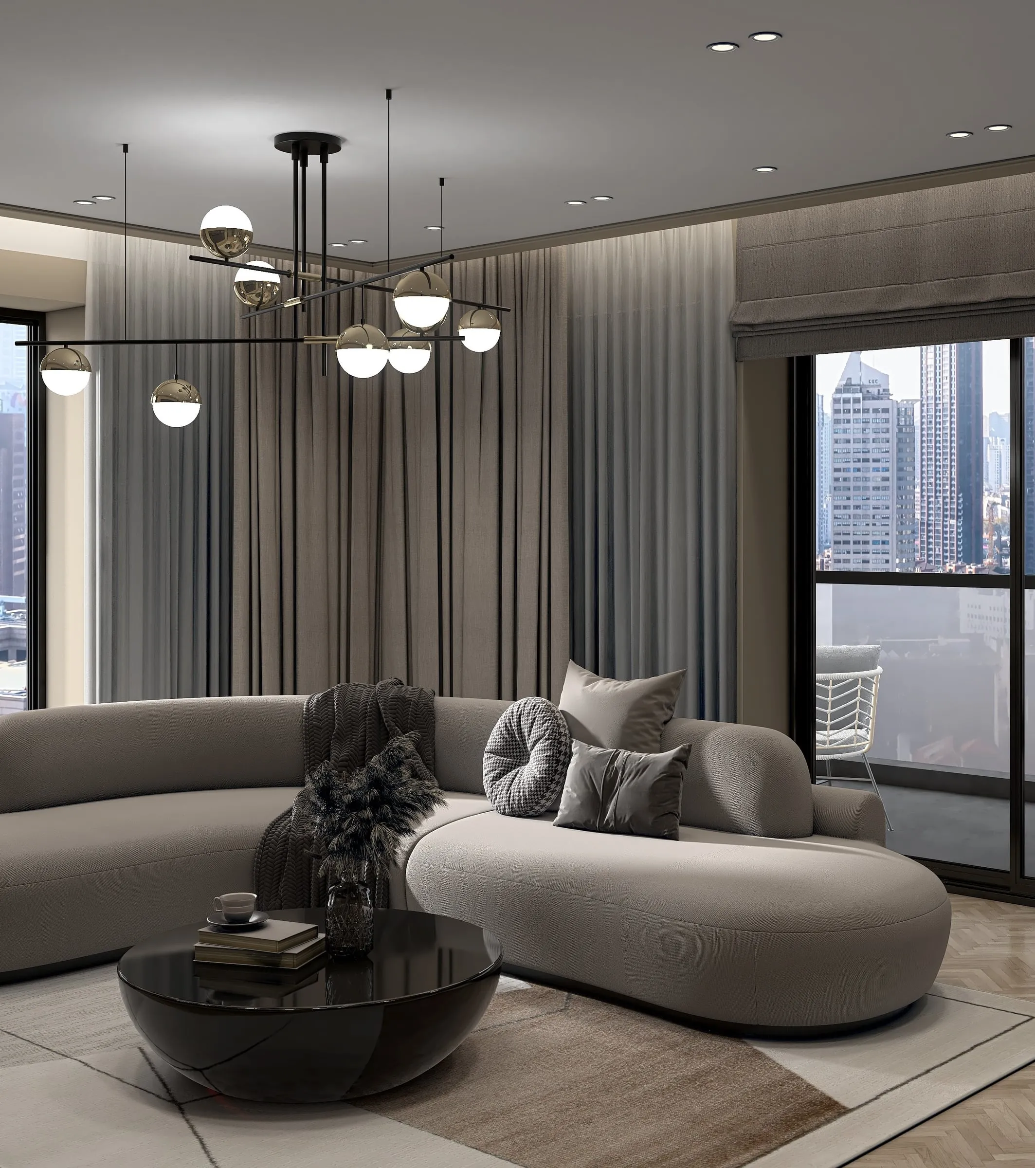 Detaliu de living din apartamentul G, București — paletă caldă și aer editorial