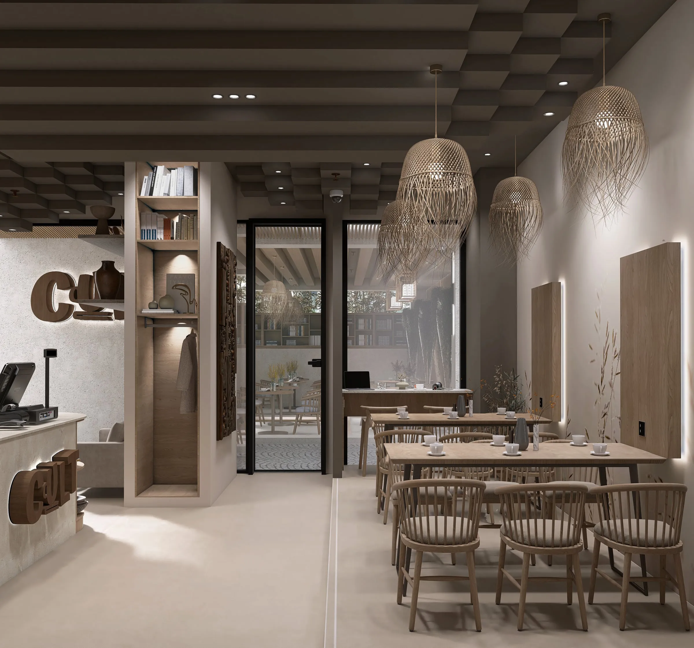 Vedere amplă a interiorului cu mese, candelabre din ratan și tavan modular