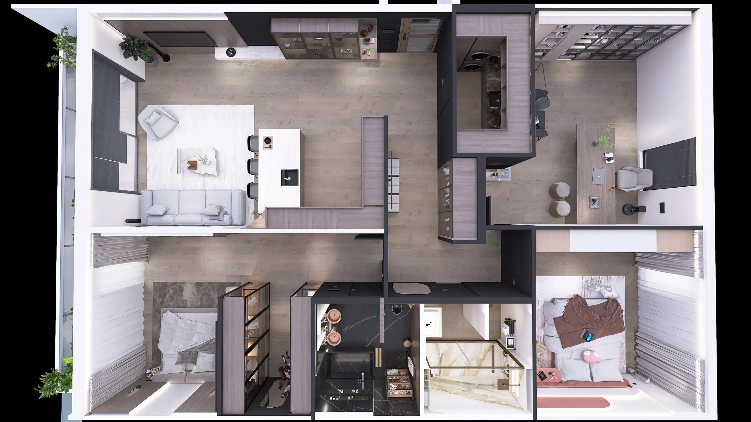 Vedere axonometrică top-down a planului apartamentului